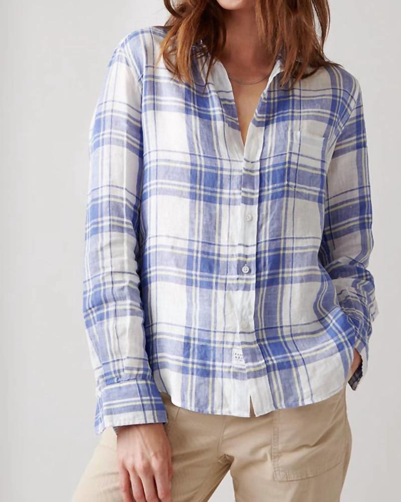 Front of a model wearing a size L Relaxed Button Up Shirt in Blue/ Yellow Plaid in Blue/ Yellow Plaid by Frank & Eileen. | dia_product_style_image_id:343560